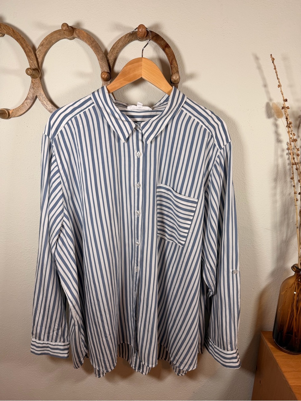 Jane + Delancey 3X Blue White Striped Lyocell Button Front Oversized Shirt